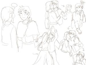 Sketches of Katreia and Akherien in various scenarios - Herien being complimented by Kat, the two dancing, and their first and second kiss